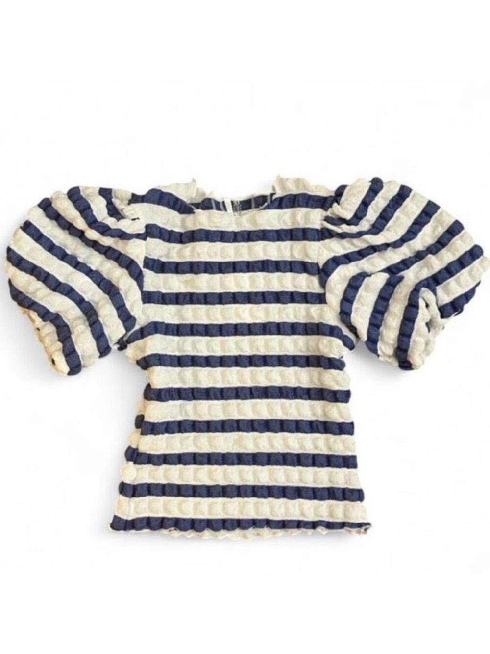 KAKTUS Blue & White Striped Textured Knit Balloon Sleeve Top Size S NWT
